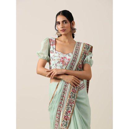 Samvrih Green Double Border Saree with Stitched Blouse