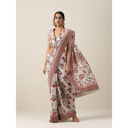 Samvrih Off White Floral Saree with Stitched Blouse