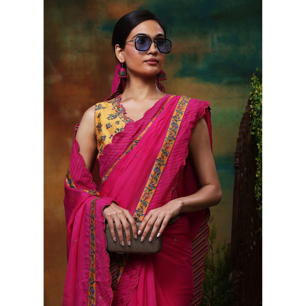 Samvrih Pink Gulab Sitara Saree with Stitched Blouse