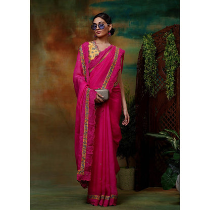 Samvrih Pink Gulab Sitara Saree with Stitched Blouse