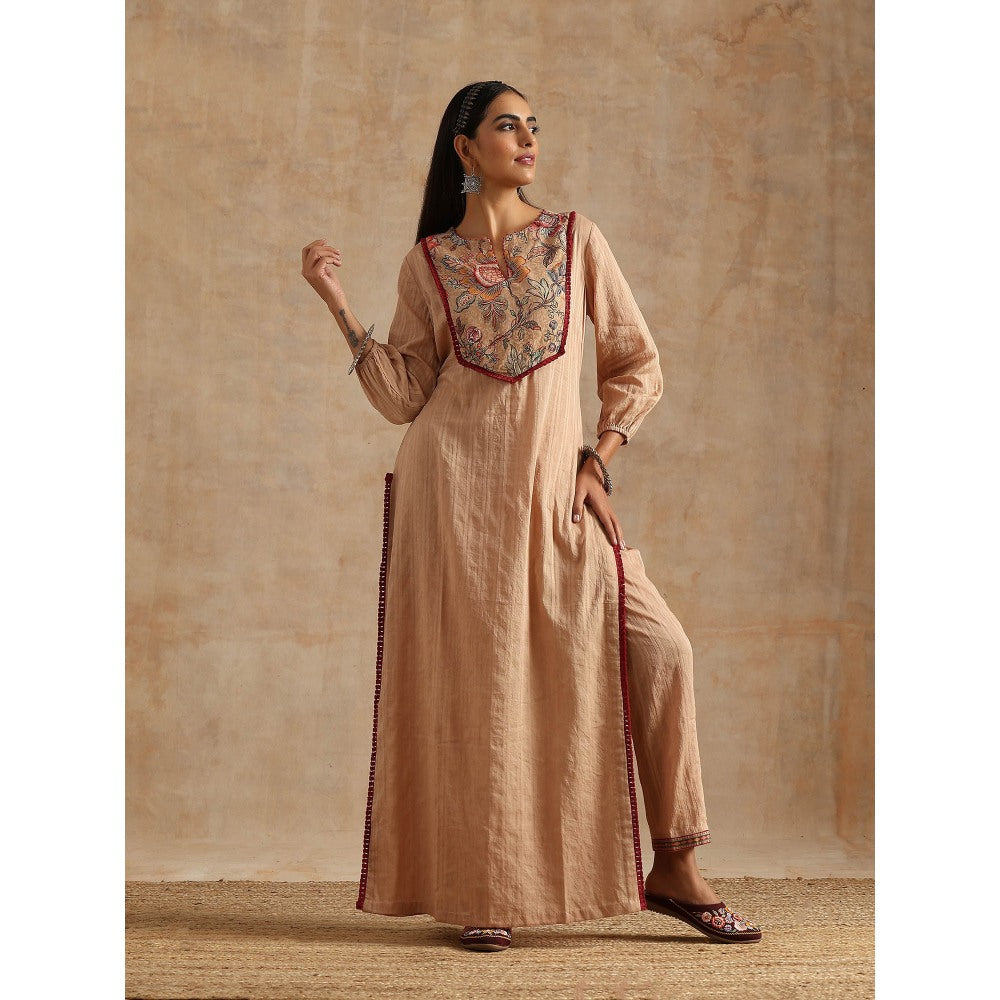 Samvrih Beige Badami Jaal Print Yoke Kurta with Pant (Set of 2)