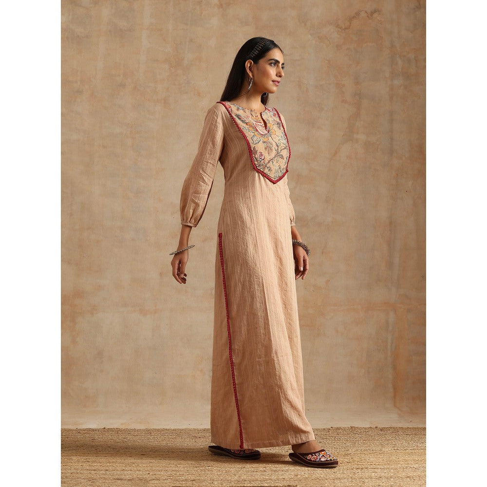 Samvrih Beige Badami Jaal Print Yoke Kurta with Pant (Set of 2)