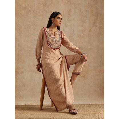 Samvrih Beige Badami Jaal Print Yoke Kurta with Pant (Set of 2)
