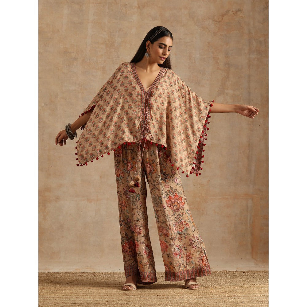 Samvrih Beige Badami Boota Short Kaftan with Palazzo (Set of 2)