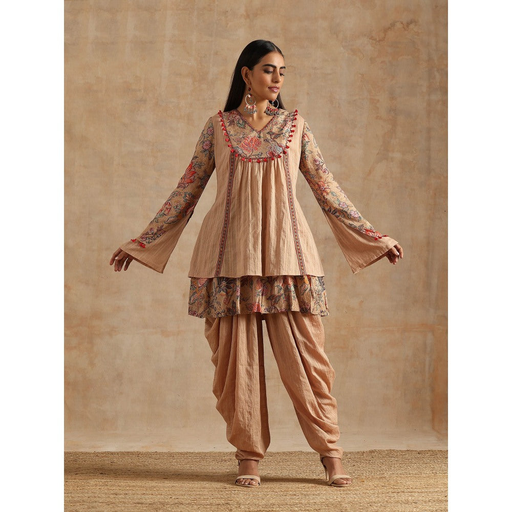 Samvrih Beige Badami Jaal Printed Yoke Kedia Top with Dhoti (Set of 2)