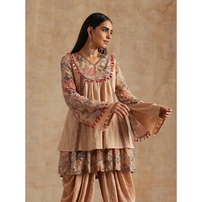 Samvrih Beige Badami Jaal Printed Yoke Kedia Top with Dhoti (Set of 2)