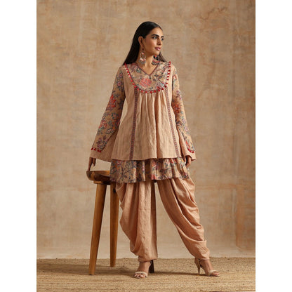 Samvrih Beige Badami Jaal Printed Yoke Kedia Top with Dhoti (Set of 2)