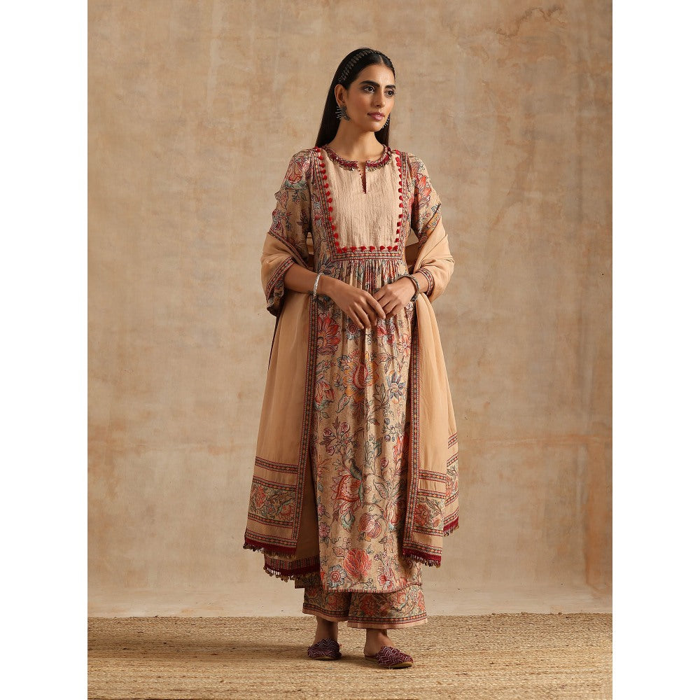 Samvrih Beige Badami Jaal Print Ghera Kurta with Palazzo and Dupatta (Set of 3)
