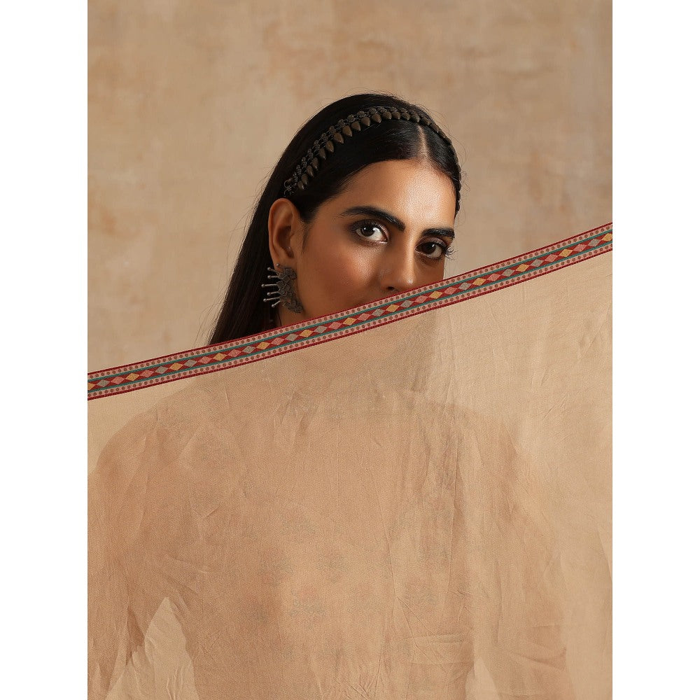 Samvrih Beige Badami Jaal Print Ghera Kurta with Palazzo and Dupatta (Set of 3)