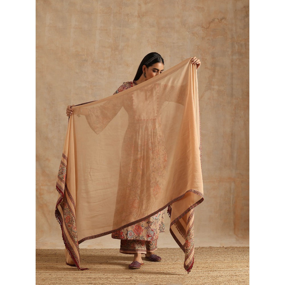 Samvrih Beige Badami Jaal Print Ghera Kurta with Palazzo and Dupatta (Set of 3)