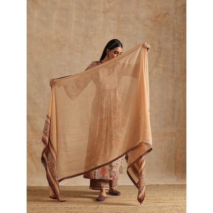 Samvrih Beige Badami Jaal Print Ghera Kurta with Palazzo and Dupatta (Set of 3)
