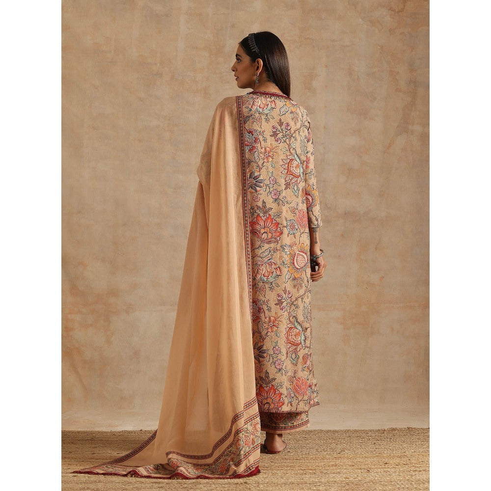 Samvrih Beige Badami Jaal Print Ghera Kurta with Palazzo and Dupatta (Set of 3)