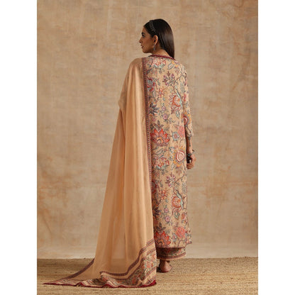 Samvrih Beige Badami Jaal Print Ghera Kurta with Palazzo and Dupatta (Set of 3)