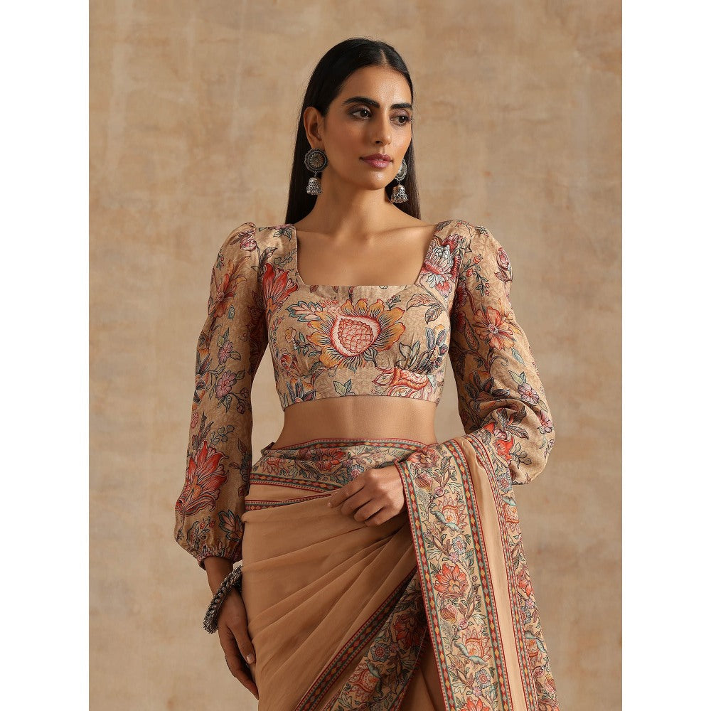 Samvrih Beige Badami Organza Saree with Stitched Blouse