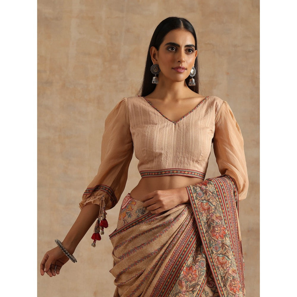 Samvrih Beige Badami Print Saree with Stitched Blouse