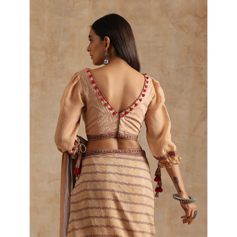 Samvrih Beige Badami Print Saree with Stitched Blouse