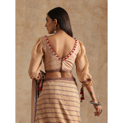 Samvrih Beige Badami Print Saree with Stitched Blouse