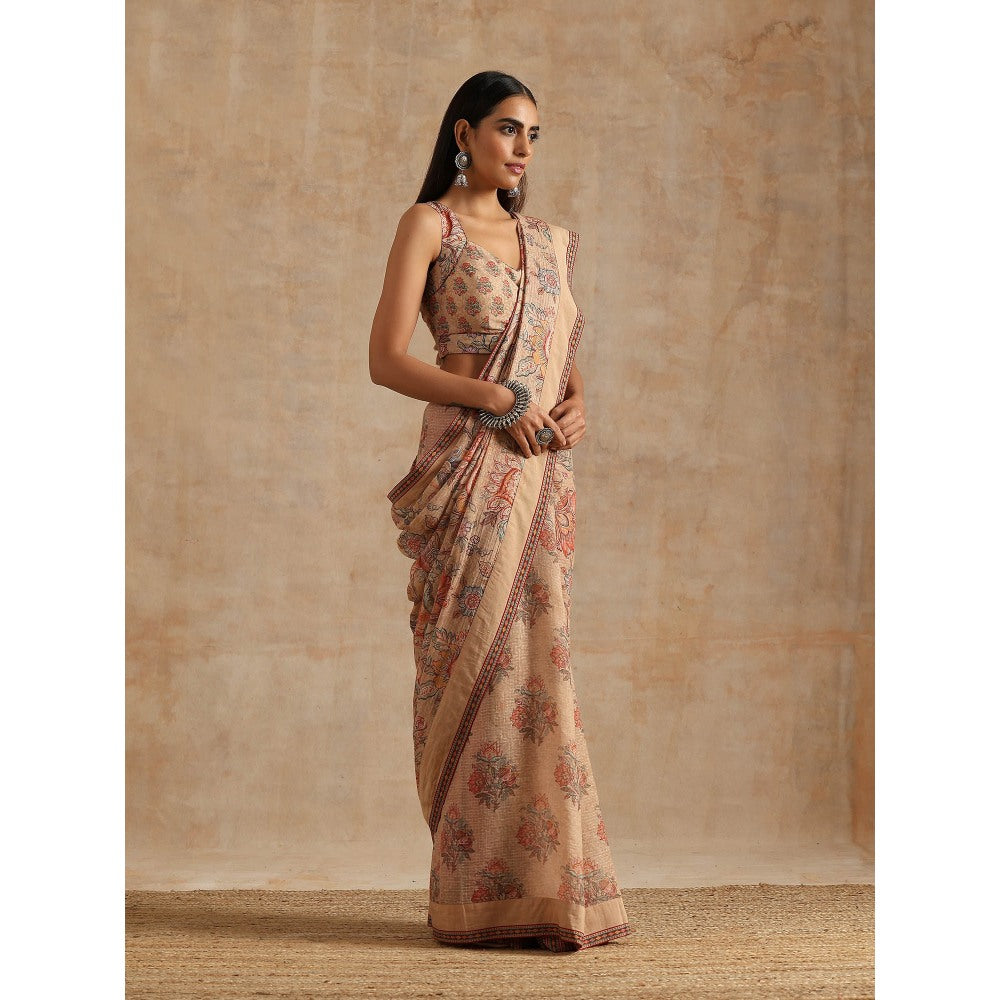 Samvrih Beige Badami Print Saree with Stitched Blouse