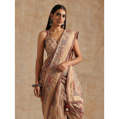 Samvrih Beige Badami Print Saree with Stitched Blouse