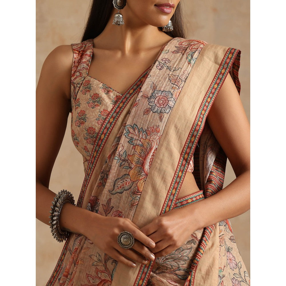 Samvrih Beige Badami Print Saree with Stitched Blouse