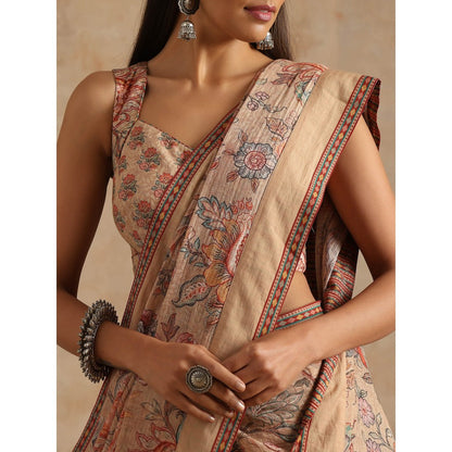 Samvrih Beige Badami Print Saree with Stitched Blouse