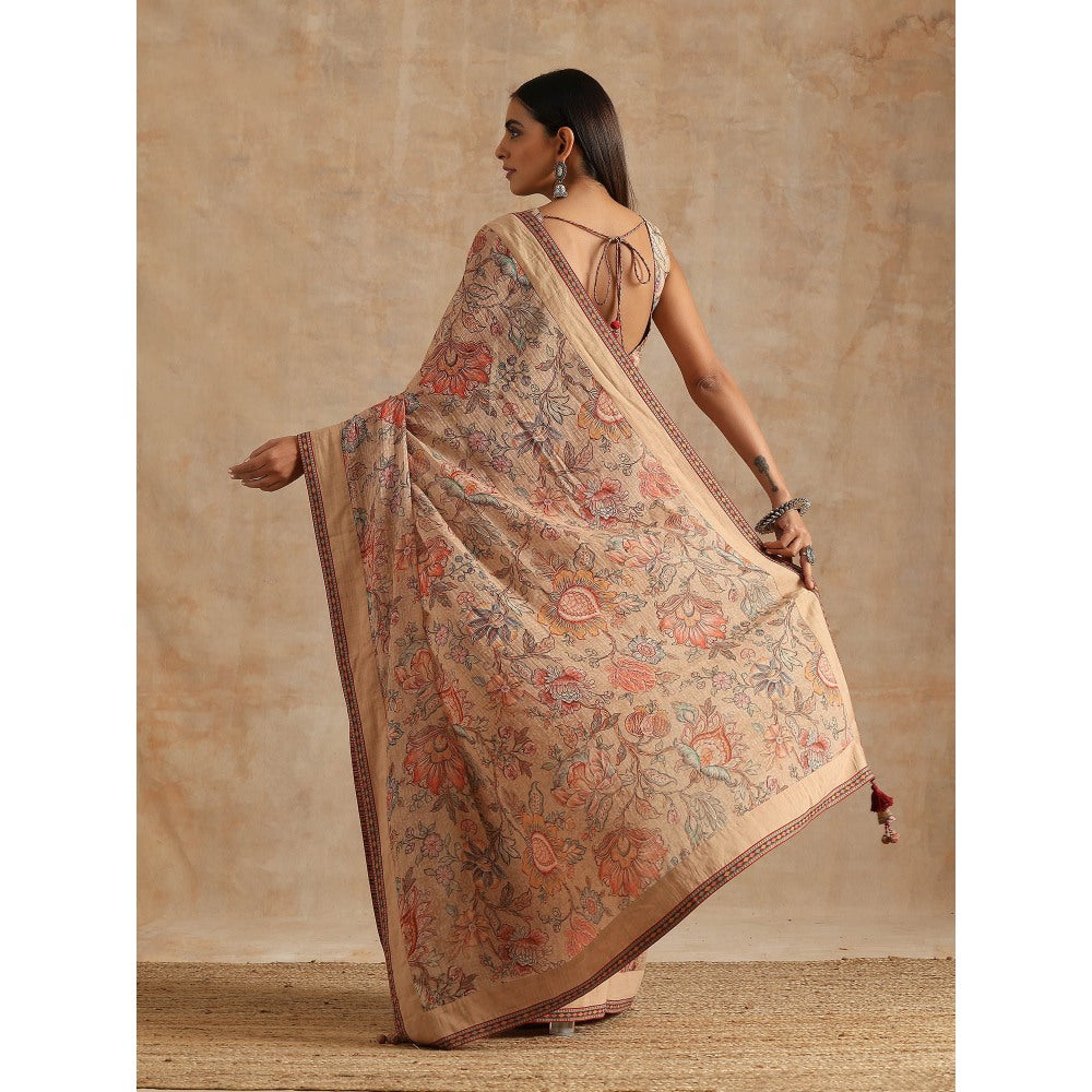 Samvrih Beige Badami Print Saree with Stitched Blouse