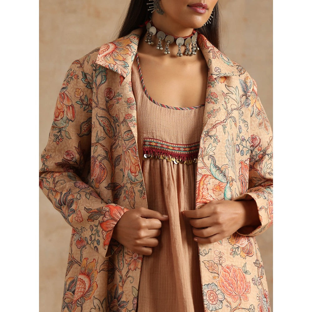 Samvrih Beige Badami Jaal Print Jacket with Dress (Set of 2)