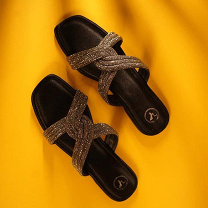 Sana K Luxurious Footwear Black String Black Base Flats