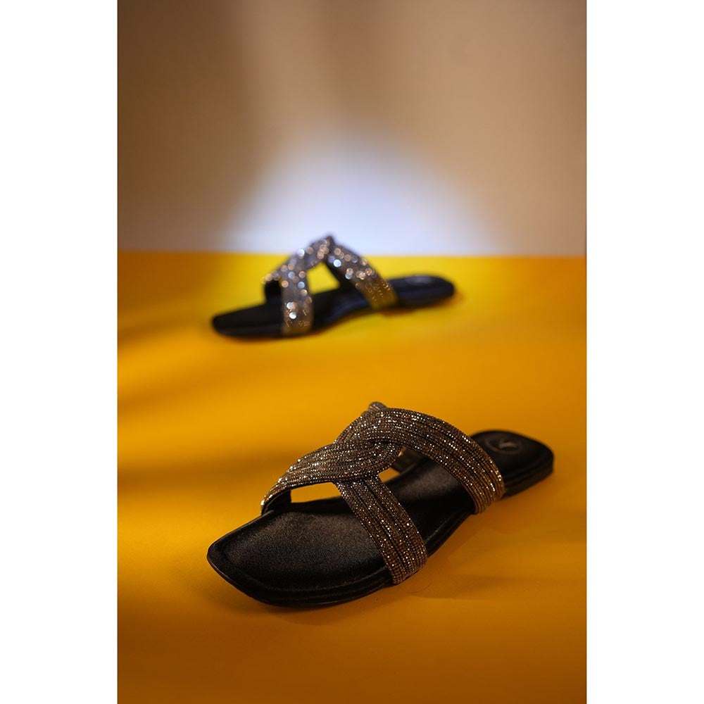 Sana K Luxurious Footwear Black String Black Base Flats