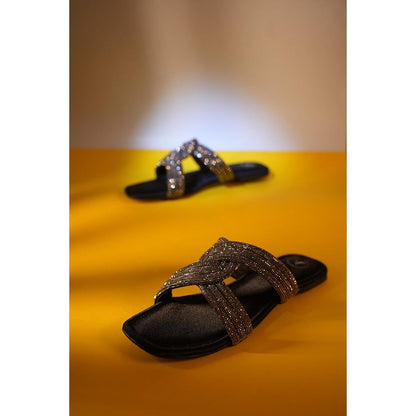 Sana K Luxurious Footwear Black String Black Base Flats