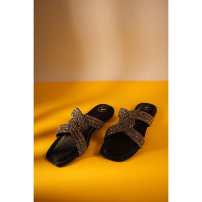 Sana K Luxurious Footwear Black String Black Base Flats