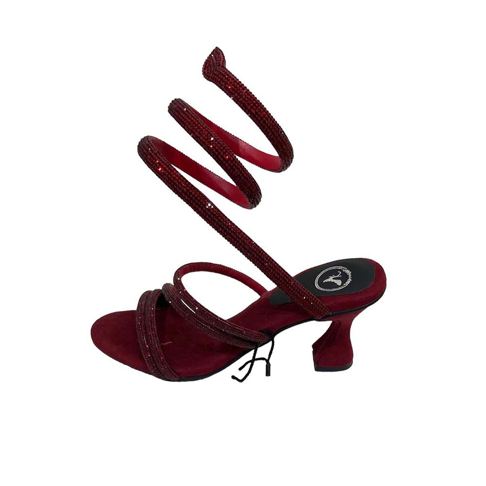Sana K Luxurious Footwear Red Diamond Swarovski Strings Round Toe Heel Sandals