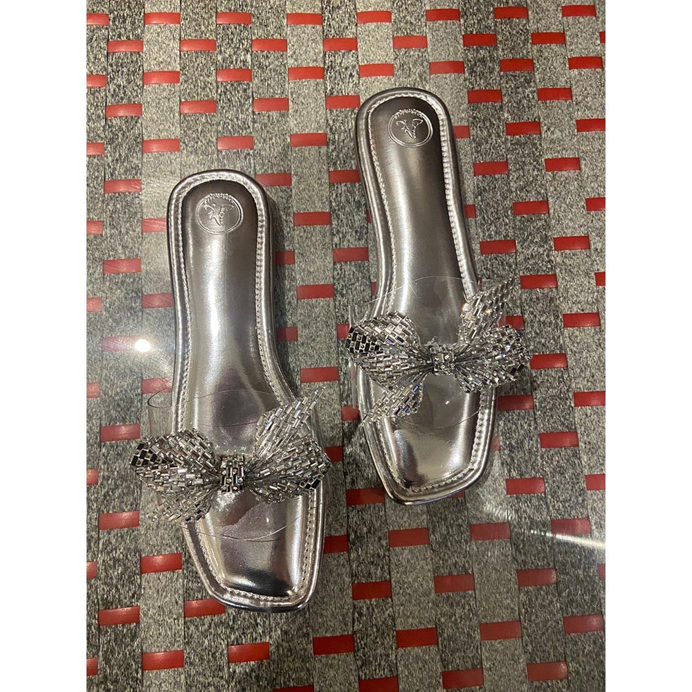 Sana K Luxurious Footwear Silver Bow Silver Base Square Toe Flats
