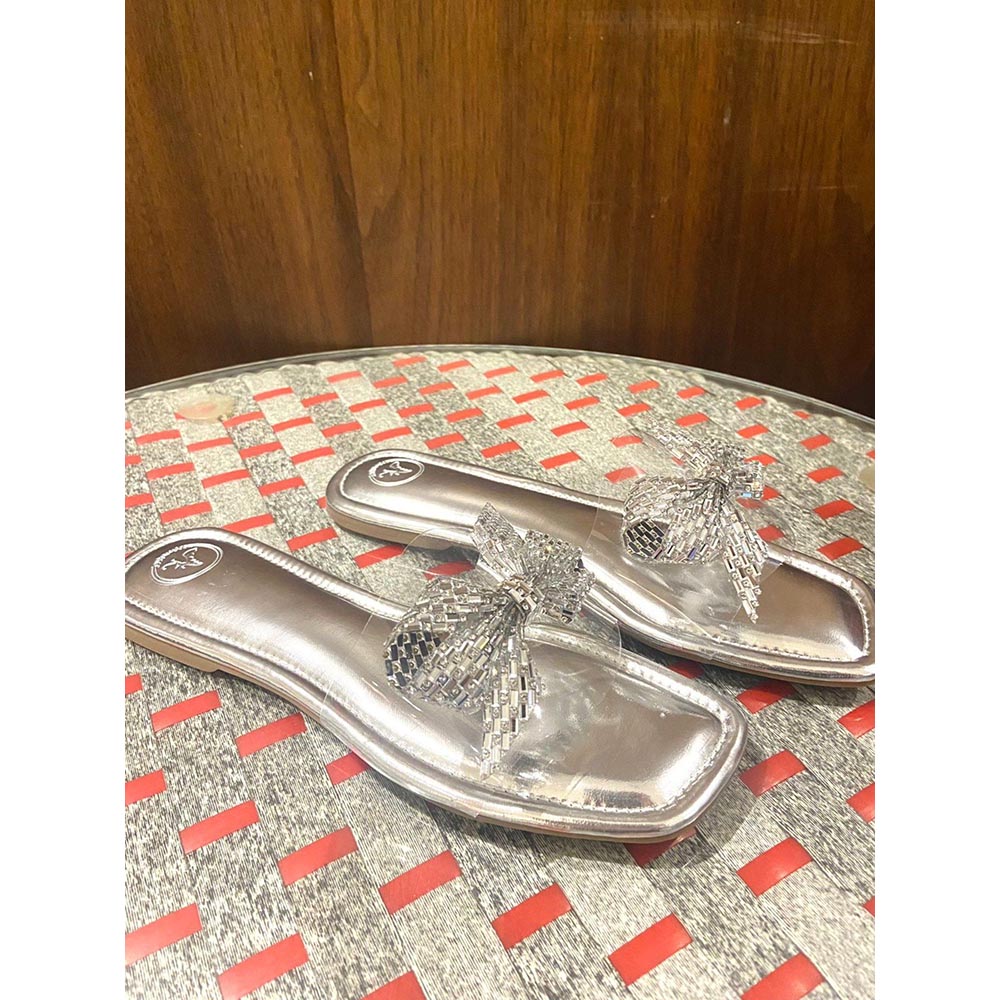 Sana K Luxurious Footwear Silver Bow Silver Base Square Toe Flats
