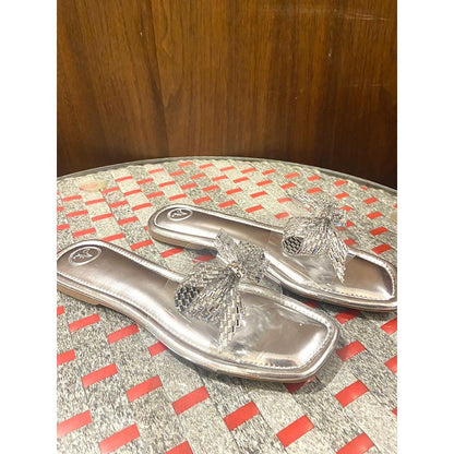 Sana K Luxurious Footwear Silver Bow Silver Base Square Toe Flats