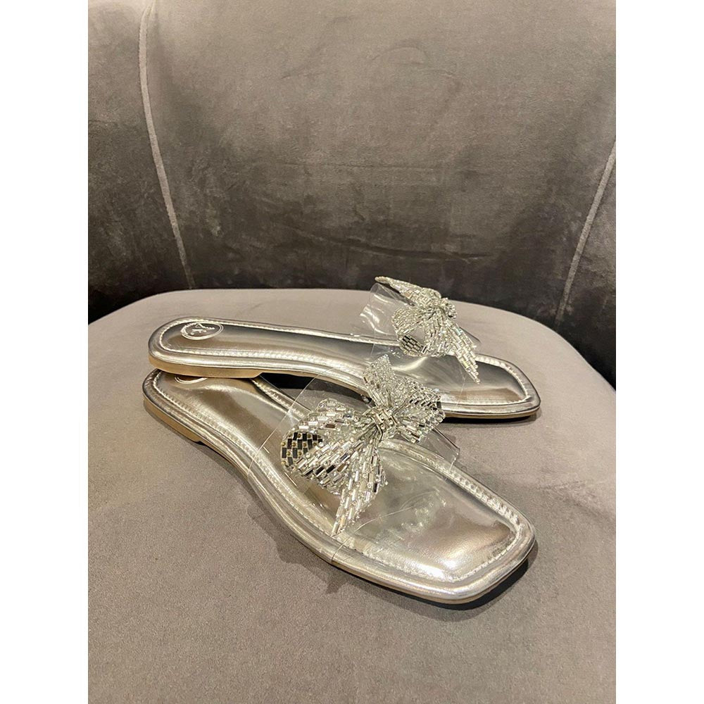 Sana K Luxurious Footwear Silver Bow Silver Base Square Toe Flats