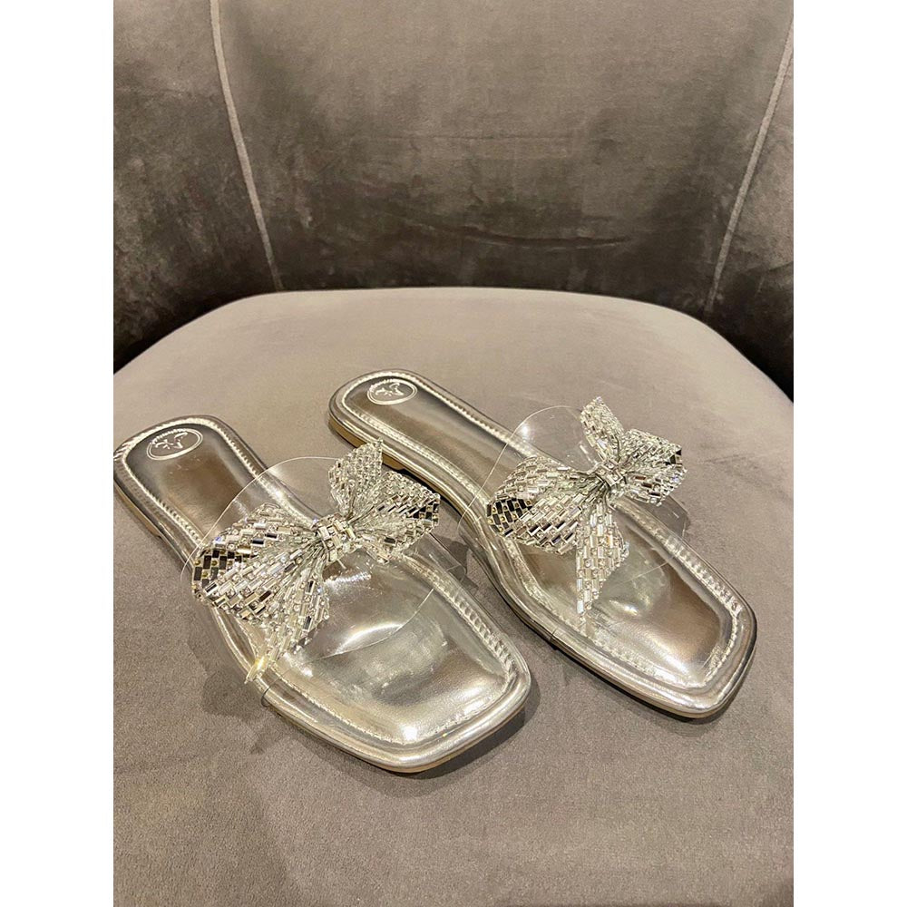 Sana K Luxurious Footwear Silver Bow Silver Base Square Toe Flats