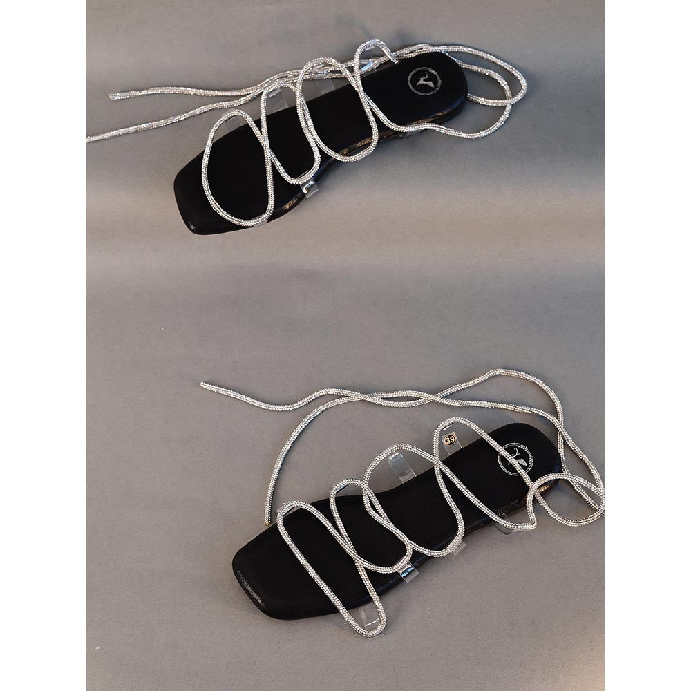 Sana K Luxurious Footwear Black Stringy Shoe Lace Flat Sandals