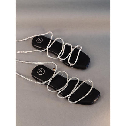 Sana K Luxurious Footwear Black Stringy Shoe Lace Flat Sandals