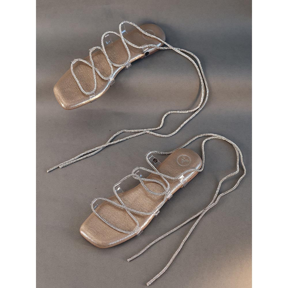 Sana K Luxurious Footwear Gold Stringy Shoe Lace Flats Sandals