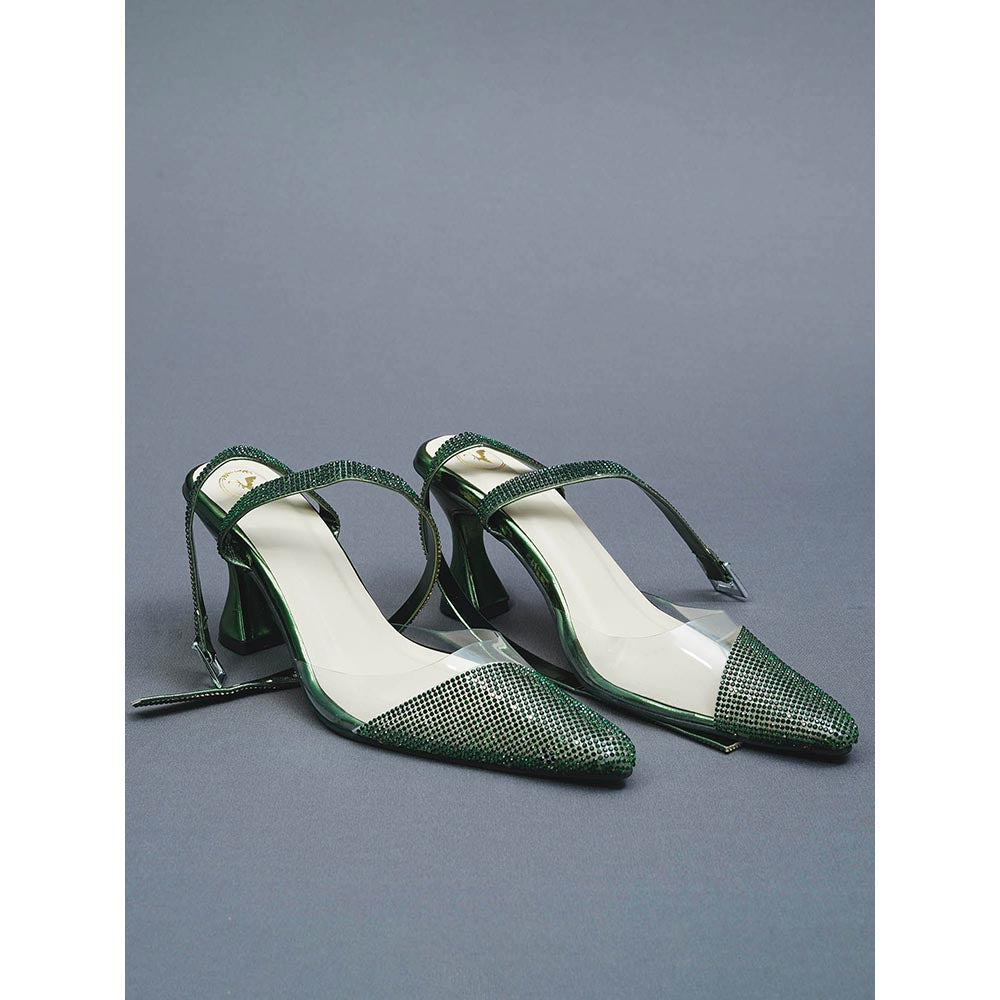 Sana K Luxurious Footwear Faux Leather Green Sleek Cheek Mules Heels