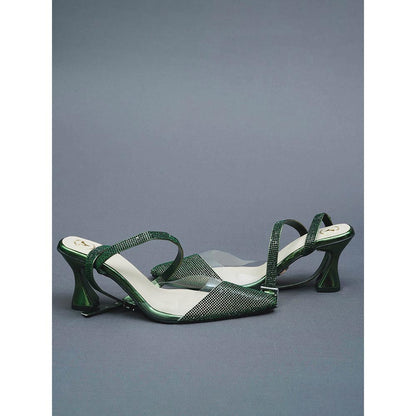Sana K Luxurious Footwear Faux Leather Green Sleek Cheek Mules Heels
