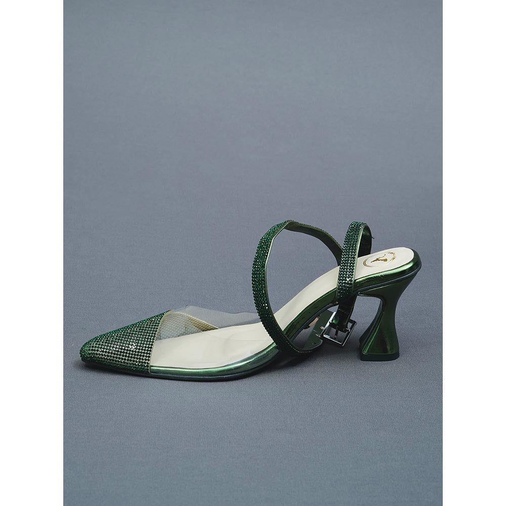 Sana K Luxurious Footwear Faux Leather Green Sleek Cheek Mules Heels