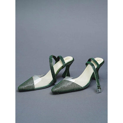 Sana K Luxurious Footwear Faux Leather Green Sleek Cheek Mules Heels