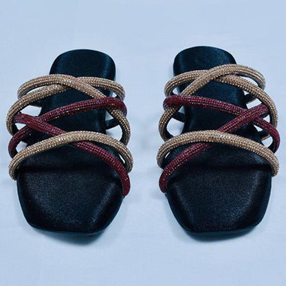 Sana K Luxurious Footwear Red and Gold Multi string Open Toe Flats