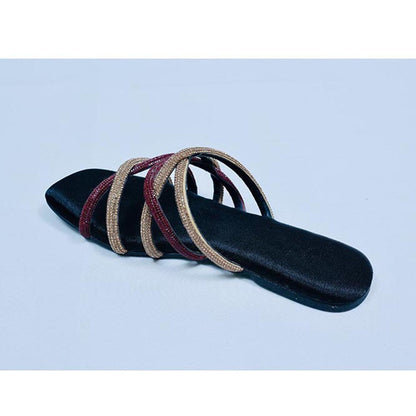 Sana K Luxurious Footwear Red and Gold Multi string Open Toe Flats
