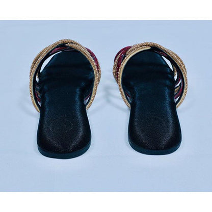 Sana K Luxurious Footwear Red and Gold Multi string Open Toe Flats
