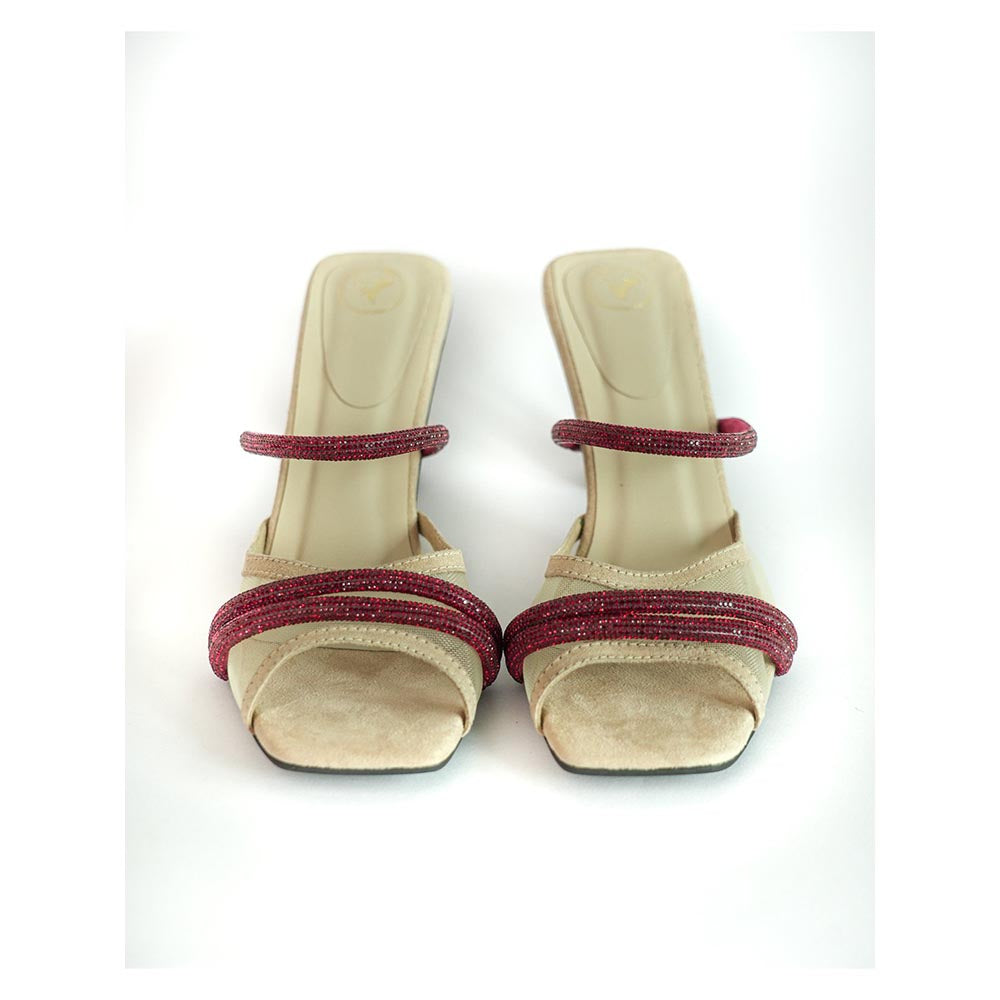 Sana K Luxurious Footwear Beige Square Toe Slip On Closure Alaya Ruby Sandal Heels