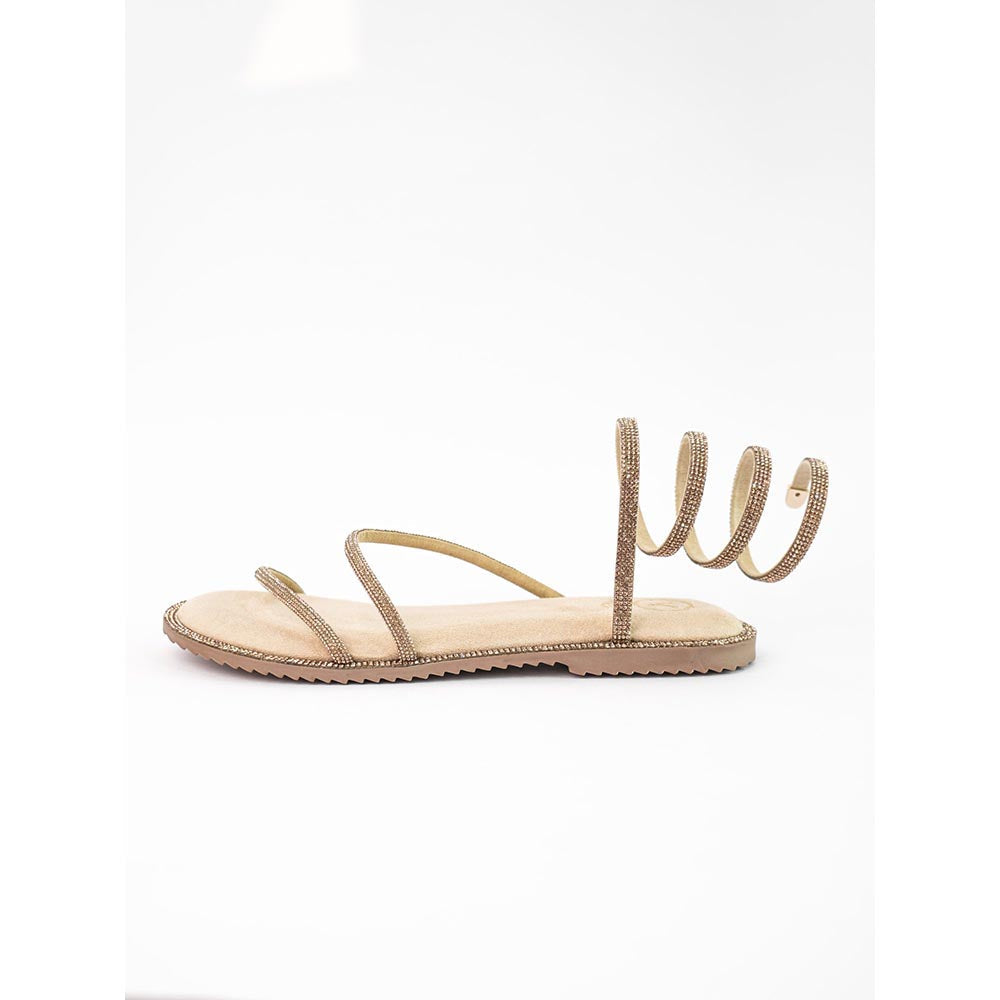 Sana K Luxurious Footwear Beige Gold Open Toe Pillow Walk Gladiators Flats