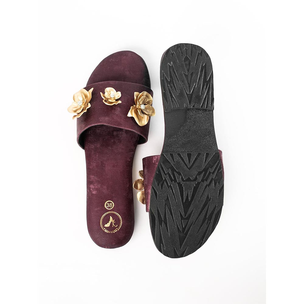 Sana K Luxurious Footwear Maroon Open Toe Slip-On Closure Forever Rose Flats
